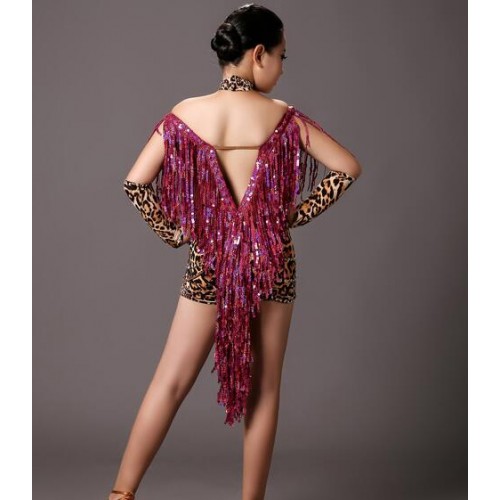  Sequins fringes Brown fuchsia tiger printed sexy fashion girls kids children competition latin dance dresses